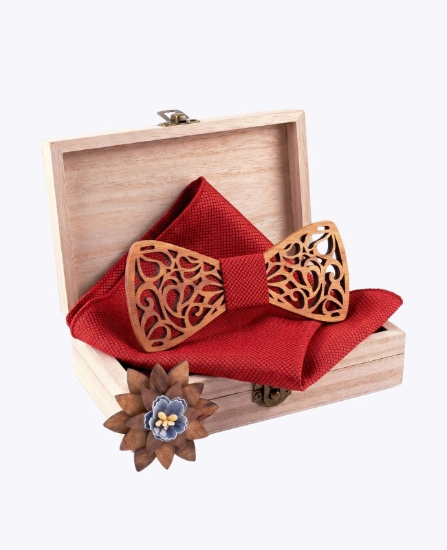 Geschenkset Vlinderdas Rood Heren in Hout "Hercule"