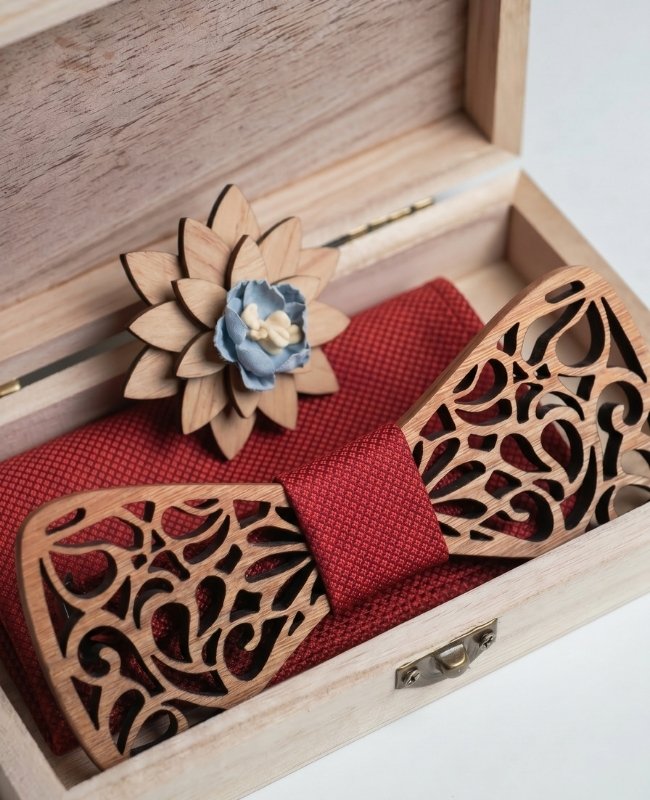 Geschenkset Vlinderdas Rood Heren in Hout "Hercule"