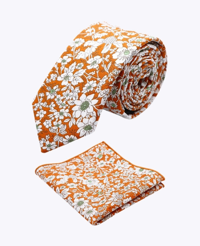 Cravate + Pochette de Costume Liberty Orange Homme en Coton «Clovis»