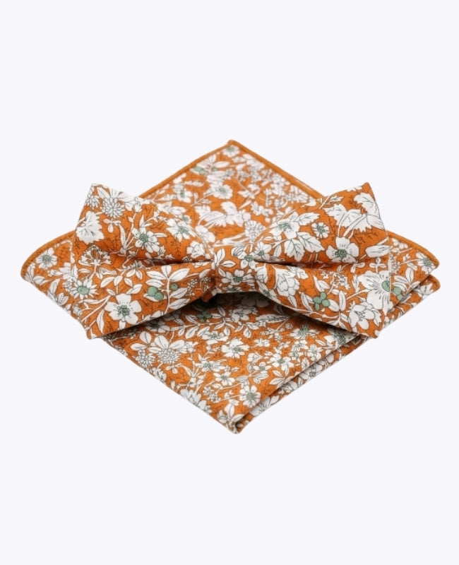 Noeud Papillon + Pochette de Costume Liberty Orange Homme en Coton «Clovis»